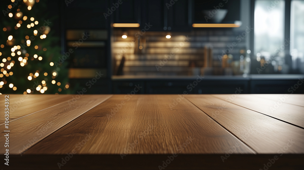 An empty wooden table is set against the backdrop of a festive kitchen, with twinkling lights and a Christmas tree casting a warm, joyful glow, ready for holiday cooking and family An empty wooden table is set against the backdrop of a festive kitchen, with twinkling lights and a Christmas tree casting a warm, joyful glow, ready for holiday cooking and family