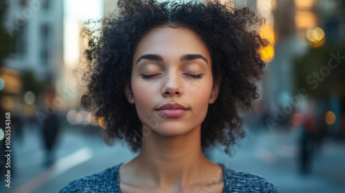 A serene woman with curly hair closes her eyes, embracing moment of tranquility amidst bustling city. soft light enhances her peaceful expression, creating calming atmosphere