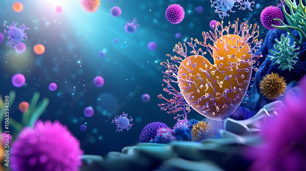 Vibrant heart-shaped microbe surrounded by colorful particles and abstract underwater elements, symbolizing life, microbiology, and marine fantasy. Vibrant heart-shaped microbe surrounded by colorful particles and abstract underwater elements, symbolizing life, microbiology, and marine fantasy.