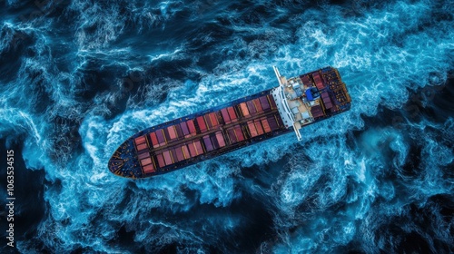 An aerial view of a cargo ship battling against swirling waves photo