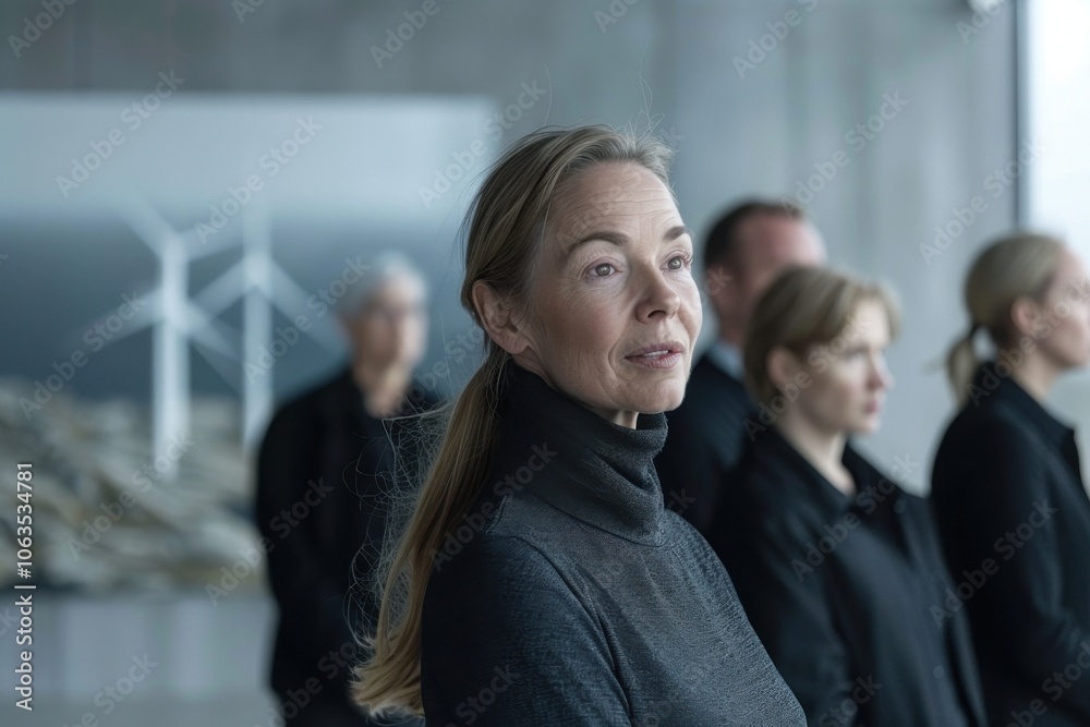 A mature professional in a dark turtleneck stands thoughtfully in a modern setting with blurred colleagues and wind turbines in the background. A mature professional in a dark turtleneck stands thoughtfully in a modern setting with blurred colleagues and wind turbines in the background.