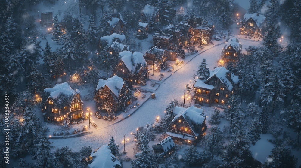 An aerial view of a picturesque village blanketed in snow, An aerial view of a picturesque village blanketed in snow,