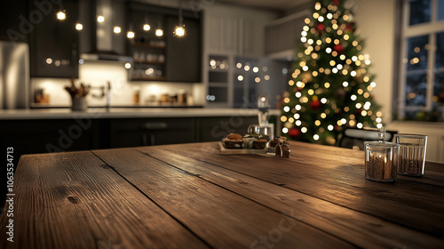 A beautifully decorated kitchen for the holidays, with a rustic wooden table in the foreground, twinkling lights, and a glowing Christmas tree in the background, setting the perfec