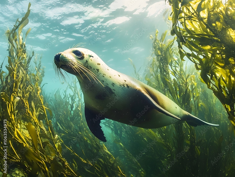 Playful Sea Lion Swimming Through Lush Kelp Forest Symbolizing Agility and Fun in the Ocean Playful Sea Lion Swimming Through Lush Kelp Forest Symbolizing Agility and Fun in the Ocean