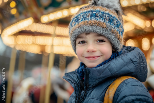 Generative AI image of joyful winter Christmas fair with snow falling festive lights, perfect for holiday and celebration themes