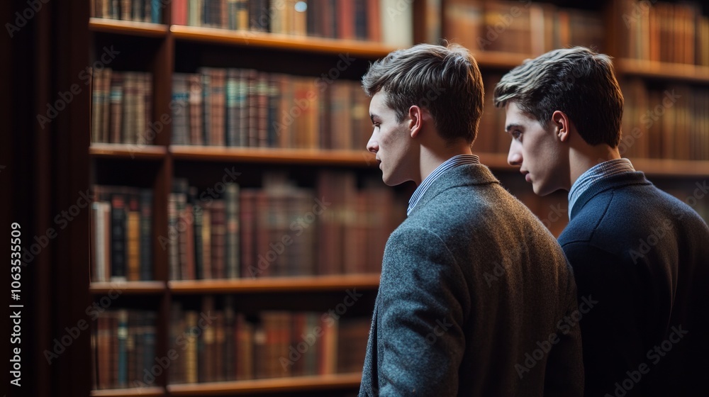 Two Men Pondering Books in a Library Two Men Pondering Books in a Library
