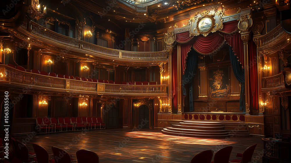 Obraz premium Grand Theater Interior with Ornate Red Curtains and Chandelier