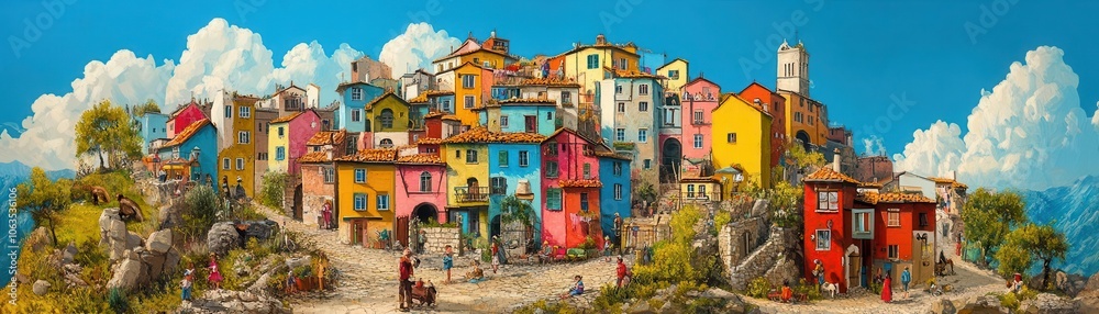 Fototapeta premium Cheerful medieval hill town with multicolored homes, children playing in the streets, lively community scene, vibrant village life