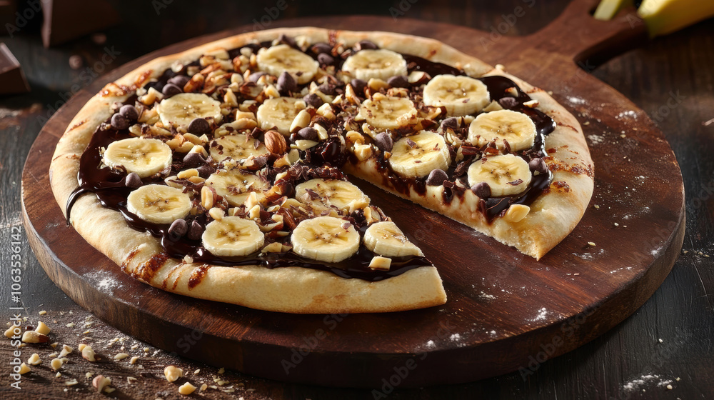 Delicious chocolate banana dessert pizza on rustic wooden board