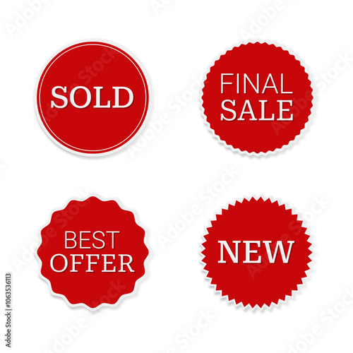 Red and white sale stickers on light background. Red and white labels.