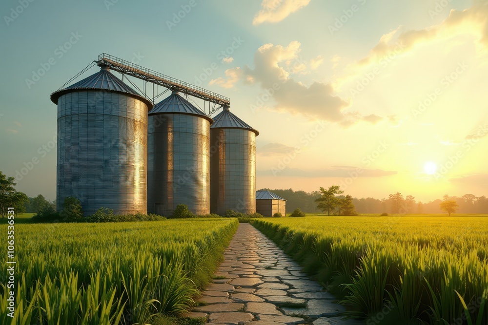 Silos, grain storage on a green field nature with sunset. Agriculture industry background with copy space. Silos, grain storage on a green field nature with sunset. Agriculture industry background with copy space.