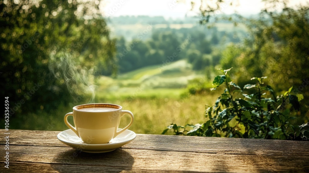 Steaming Cup of Coffee on Wooden Table with Green Nature Background . Steaming Cup of Coffee on Wooden Table with Green Nature Background .