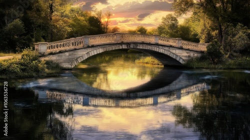 An elegant arch bridge gracefully spanning a serene river,