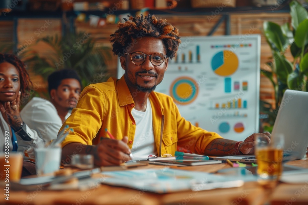 A creative agency meeting room where individuals engage in a brainstorming session. The atmosphere is lively and colorful with charts displayed in the background. A creative agency meeting room where individuals engage in a brainstorming session. The atmosphere is lively and colorful with charts displayed in the background.