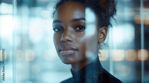 A close-up portrait of a young woman with a serene expression, set against a blurred background.