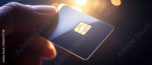 A hand holds a credit card against a dark background, illuminated by a warm light source, suggesting themes of finance and technology.