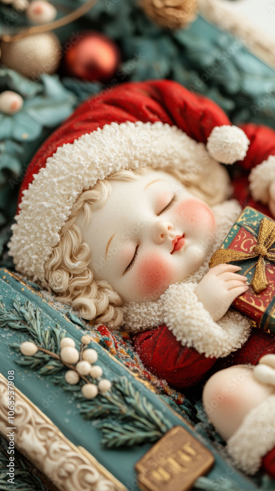 Sleeping baby in Santa outfit holding a gift, surrounded by festive decorations, AI Sleeping baby in Santa outfit holding a gift, surrounded by festive decorations, AI