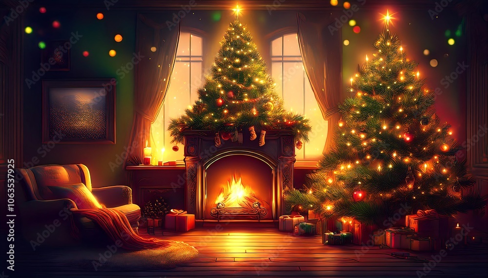 Cozy Christmas atmosphere with a beautifully decorated tree by the fireplace during the festive season. Generative AI