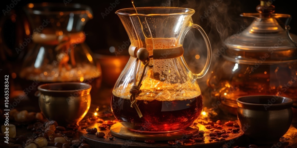 A glass carafe of freshly brewed coffee, steaming and ready to be poured, surrounded by coffee beans and a rustic setting. A glass carafe of freshly brewed coffee, steaming and ready to be poured, surrounded by coffee beans and a rustic setting.