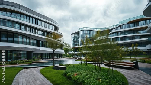 Modern office buildings with landscaped courtyards and a reflecting pond