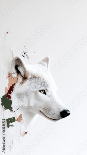 Wolf head emerging from a torn wall, blending art and nature, AI photo