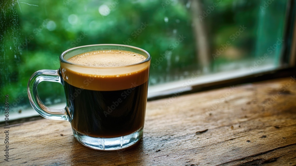 Steaming Cup of Coffee on Wooden Table with Green Nature Background . Steaming Cup of Coffee on Wooden Table with Green Nature Background .