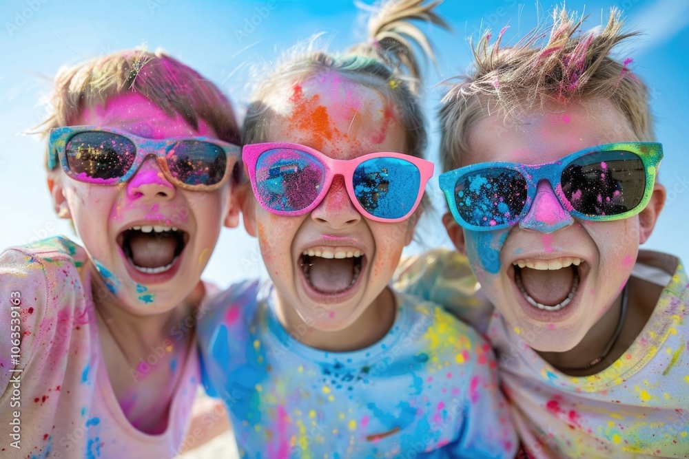 Spring Festival Celebration: Group of Cheerful Children Shouting While Playing with Holi Powder Spring Festival Celebration: Group of Cheerful Children Shouting While Playing with Holi Powder