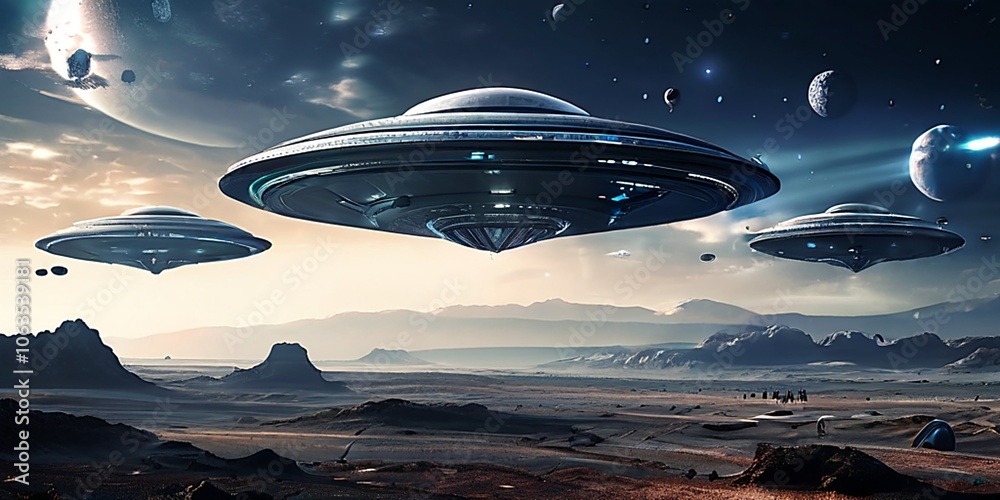 Raumschiffe fliegen über eine Landschaft. Raumschiffe fliegen über eine Landschaft.