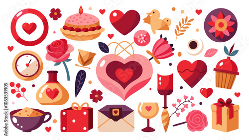 A colorful illustration featuring a variety of Valentine's Day themed objects, including hearts, roses, candles, and gifts.