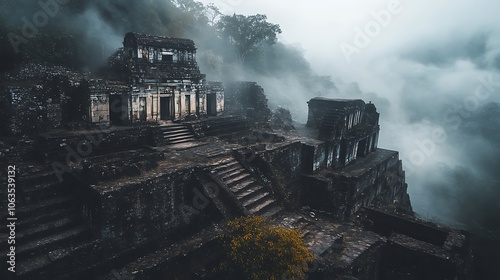 A misty view of ancient ruins surrounded by lush greenery, evoking a sense of mystery and history.