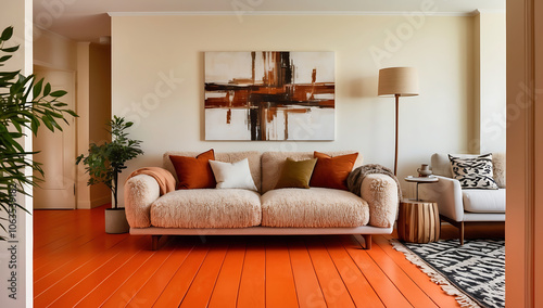 Scandinavian home interior design of modern living room. Elegant room with an orange floor soft boucle sofa, abstract art, and  decor creating a cozy, warm atmosphere.