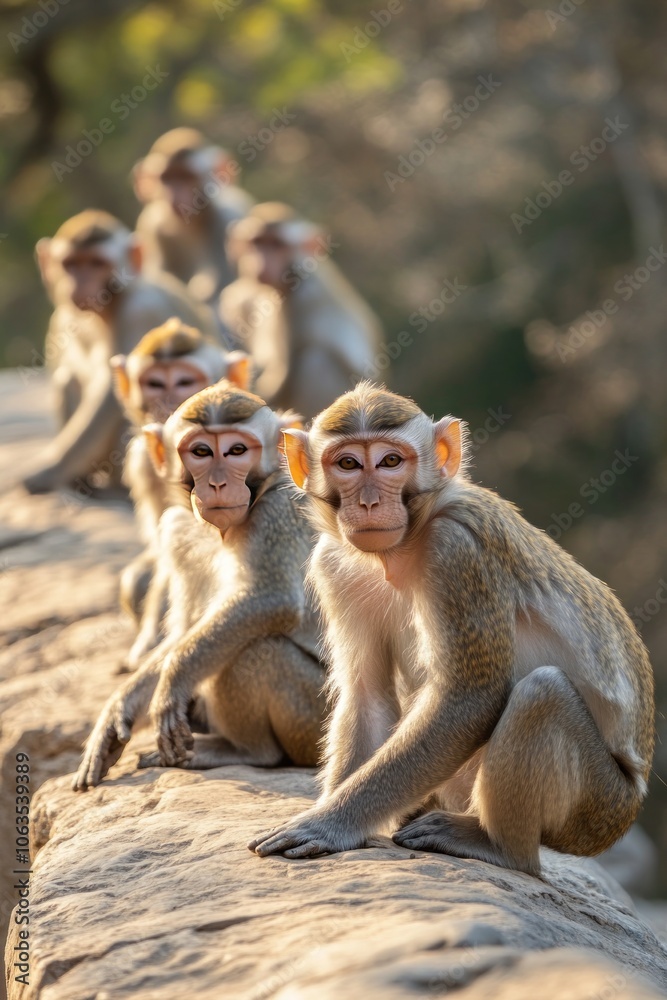 Naklejka premium A group of monkeys sitting on a rocky ledge, basking in the sunlight.