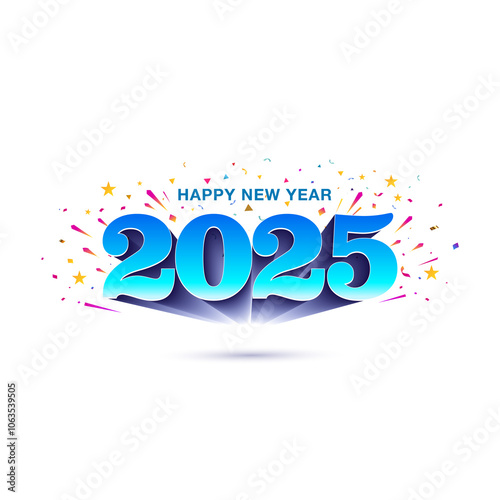 Happy new year 2025 Logo. 2025, 3d blue typography standout with sparkle and confetti on white background.