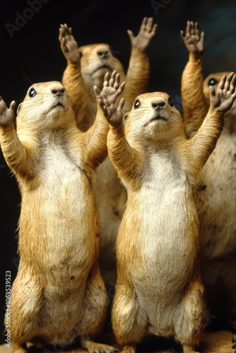 A group of taxidermied prairie dogs with raised paws, seemingly in a playful pose. photo