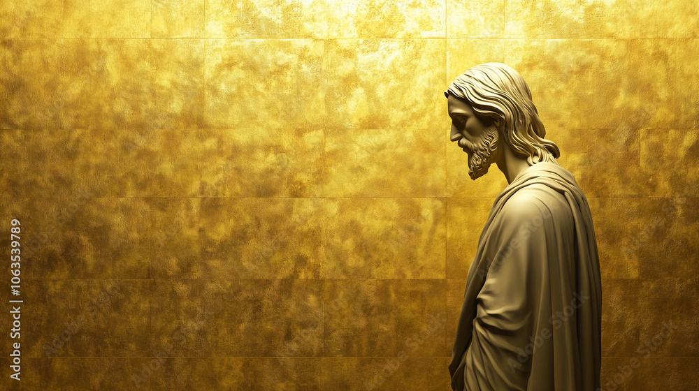 A serene 3D figure of Jesus sculpted from gold, his peaceful gaze evoking spiritual connection, as he stands against a golden wall, reminiscent of sacred murals. A serene 3D figure of Jesus sculpted from gold, his peaceful gaze evoking spiritual connection, as he stands against a golden wall, reminiscent of sacred murals.