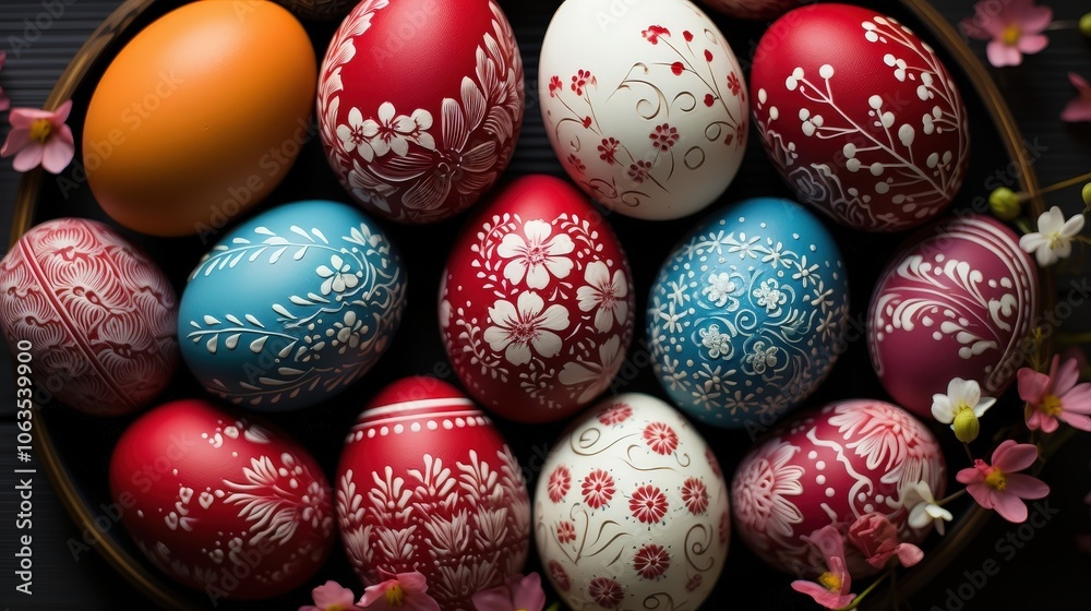 A Collection of Delicately Painted Easter Eggs Displayed in a Rustic Wooden Bowl, Featuring Intricate Floral Patterns and Vibrant Colors A Collection of Delicately Painted Easter Eggs Displayed in a Rustic Wooden Bowl, Featuring Intricate Floral Patterns and Vibrant Colors