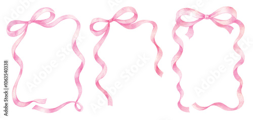 Watercolor vector set of ribbon frames with a pink bow. Borders for holiday greeting card and invitation. Hand painted winter plants. Xmas template.