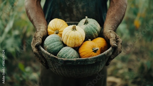 Autumn harvest scene with a farmer collecting pumpkins and gourds, [agriculture], [seasonal fall farming traditions].  ,closes up photo