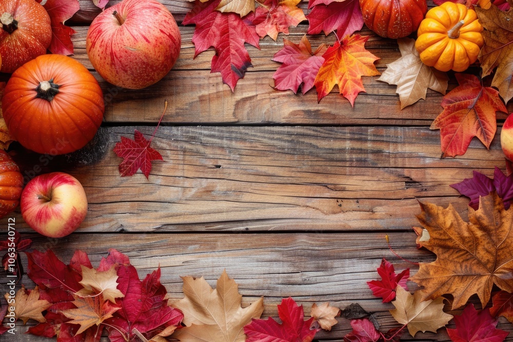 Fototapeta premium Thanksgiving Autumn Background with Apples, Pumpkins, and Fallen Leaves on Wooden Surface
