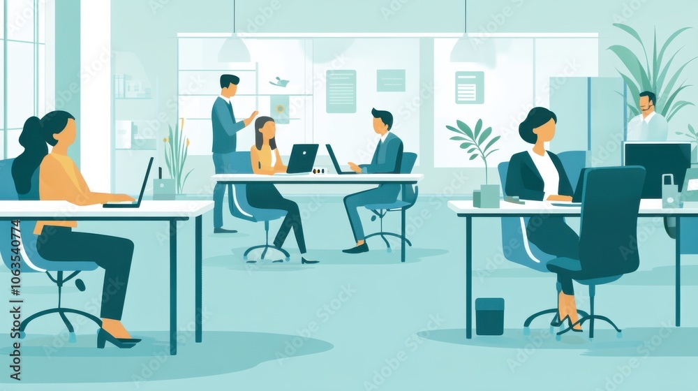 An ideal employer mentoring employees, surrounded An ideal employer mentoring employees, surrounded