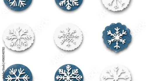 Snowflake cookies with intricate designs on a white background, AI