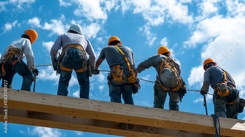 A volunteer team hoisting a roof truss into place, working in unison with ropes and tools, their collaborative effort demonstrating the power of community service.