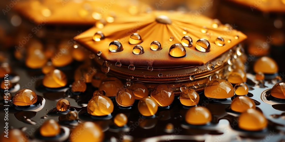 A golden, textured surface with a central, delicate, circular structure, all covered in perfectly round, glistening droplets of water. A golden, textured surface with a central, delicate, circular structure, all covered in perfectly round, glistening droplets of water.