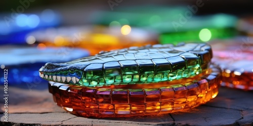 A close-up of a green glass crocodile figurine perched atop a stack of colorful, textured glass coasters, bathed in soft natural light.