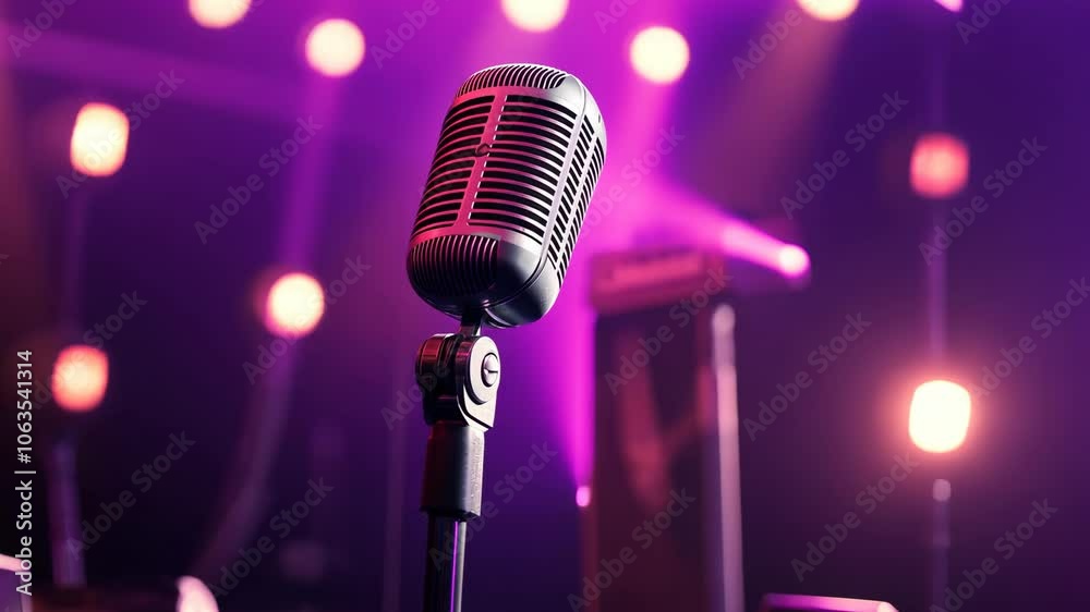 A vintage microphone sits on a stand in front of a purple stage with lights