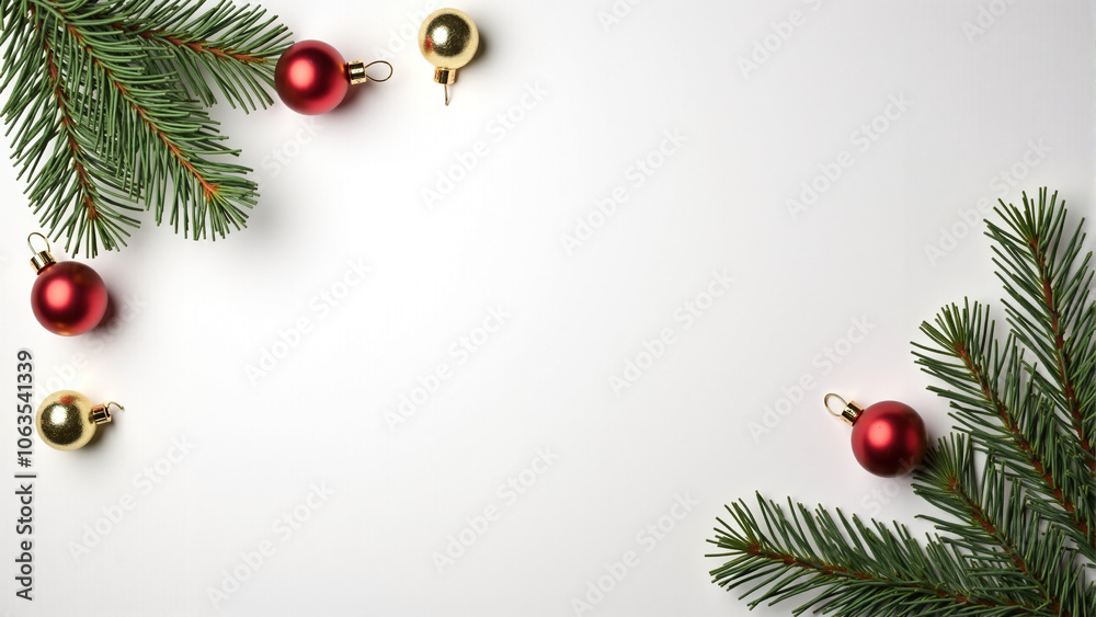 Holiday pine branches and ornaments on a minimal modern surface Holiday pine branches and ornaments on a minimal modern surface