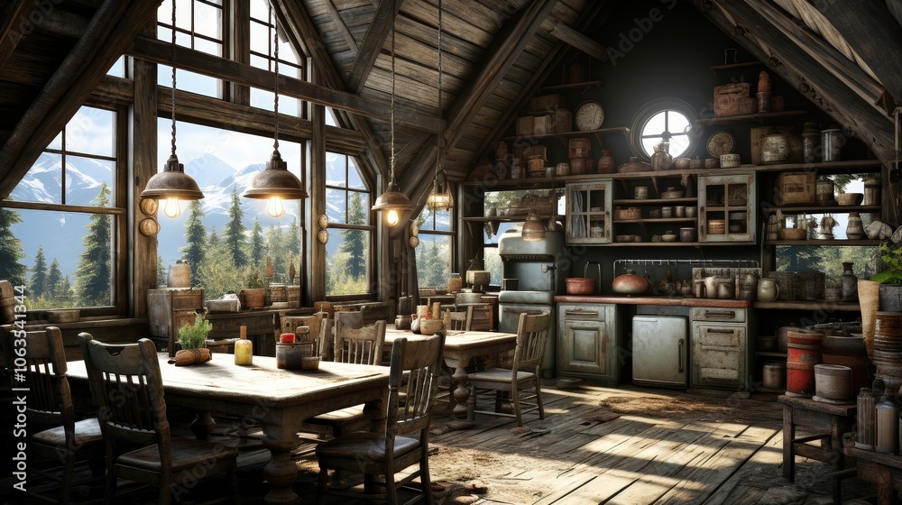 A rustic cabin kitchen with a wooden table and chairs, overlooking a forest and mountain vista through large windows, filled with warm sunlight and vintage details. A rustic cabin kitchen with a wooden table and chairs, overlooking a forest and mountain vista through large windows, filled with warm sunlight and vintage details.