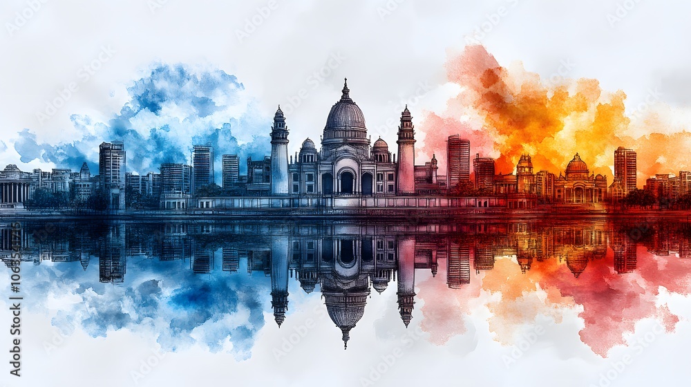 Obraz premium Watercolor landscape for India National Day, delicate blend of Indian flag colors with lotus, temples, and native animals, calm atmosphere