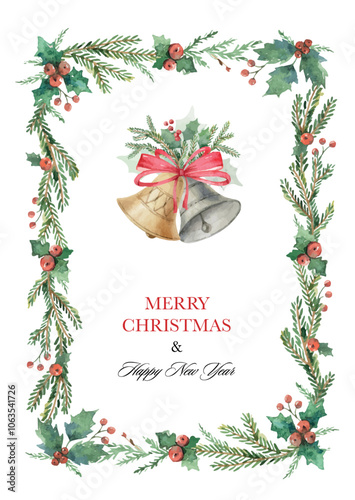 Watercolor vector Christmas frame with fir branches and bells. Xmas border for holiday greeting card and invitation. Botanical winter greenery holiday illustration for invitation.