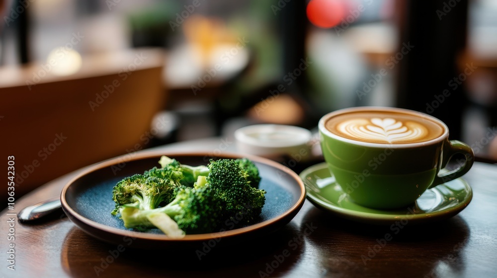 An inviting cafe setting where a plate of sauted broccoli An inviting cafe setting where a plate of sauted broccoli